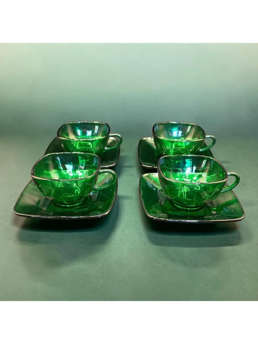 Vintage Anchor Hocking Green Glass Tea Cups & Saucers Set Of 4 MCM Design
